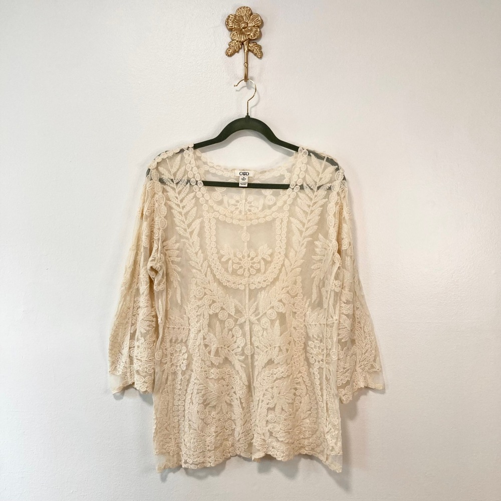 Boho Gypsy Cream Floral Lace Sheer Mesh Embroidered Blouse M Romantic Coquette